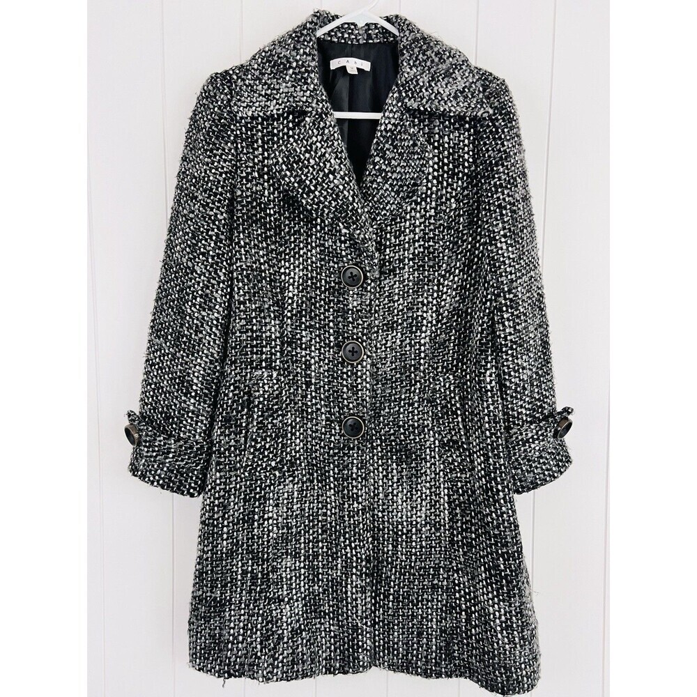 CAbi Black Wool Blend Tweed Long Satin Lined Long Pea Coat Size Medium